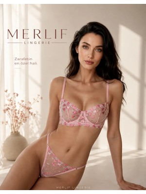 Merlif Lingerie Pembe Kalpli Brode Tül Fantazii, Seksii Iç Çamaşır Takımı (Bralette Sütyen&tanga) Seksii