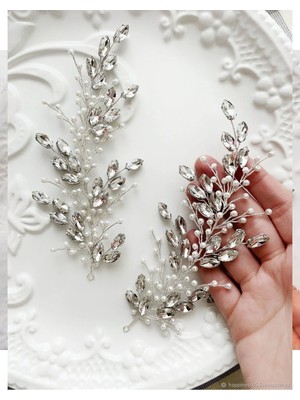 BBA Tulle Store Yan Model 2 Parça Kristal Gelin Tacı,aynalı Taş,ıkız Model Gelin Saç Tacı 2 Li