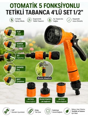 DESIPHON Otomatik 5 Fonksiyonlu Tetikli Bahçe Sulama Tabancası 4'lü Set 1/2" – Musluk Adaptörü + 2 Adet Jak Girişi | Bahçe, Araç ve Temizlik Için