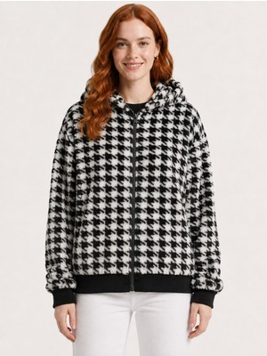 Neden Tekstil Kadın Kazayağı Desenli Kapüşonlu Fermuarlı Sweatshirt Ceket