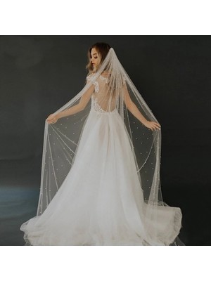 BBA Tulle Store Boncuklu Uzun Gelin Duvağı,inci Kumaşlı Nikah Duvağı,2 mt Soft Gelin Duvağı En 1,5mt Uzun Duvak
