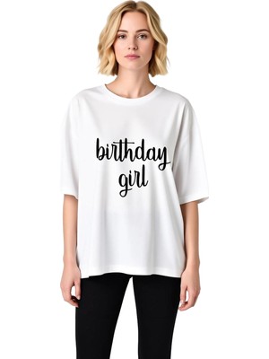 PayBuy Kadın Oversize Doğum Günü Kız Vintage Baskı Kısa Kol Yuvarlak Yaka Rahat Kesim Grafik Tişört Günlük