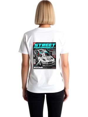 PayBuy Kadın Retro Otomotiv Dergisi Tarzı Baskılı Rahat Kesim Kısa Kollu Pamuk Tişört Günlük Modern Şık