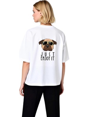 PayBuy Kadın Oversize Tişört Güneş Gözlüklü Köpek Baskısı Just Enjoy It Yazılı Rahat Kesim Günlük Modern