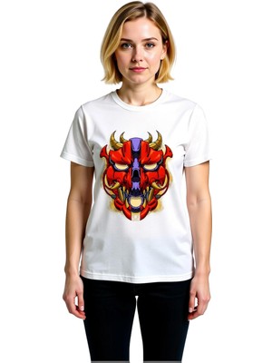 PayBuy Kadın Grafik Baskılı Demon Maske Tasarım Tişört Boynuzlu Futuristik Samuray Temalı Günlük Rahat