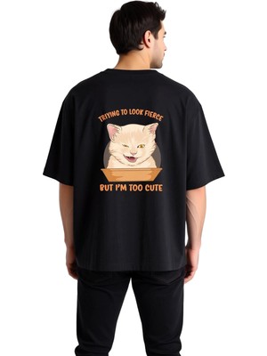 PayBuy Erkek Oversize Baskılı Tişört Kedi Desen Komik Yazı Detaylı Rahat Kesim Günlük Giyim Modern Şık