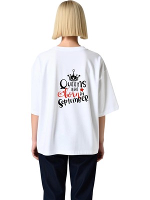 PayBuy Kadın Oversize Doğum Ayı Kutlaması Eylül Kraliçeleri Baskılı Rahat Kesim Tişört Günlük Modern Şık