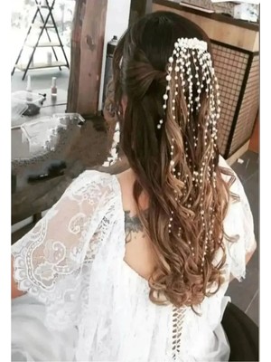 Tulle Store Taraklı Saçak Inci Gelin Tacı Yoğun Inci Gelin Saç Tokası Gelin Saç Aksesuarı