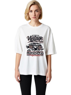 PayBuy 1948 Otomotiv Vintage Araçları Efsanesi Baskılı Kadın Oversize Tişört