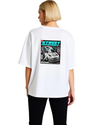 PayBuy Kadın Oversize Tişört Street Performance Otomotiv Baskılı Retro Dergisi Tarzı Yarış Tasarımı Günlük
