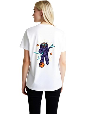 PayBuy Kadın Grafik Baskılı Kısa Kollu Tişört Gitar Çalan Kedi Astronot Uzay Temalı Rahat Kesim Günlük