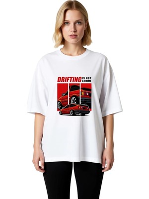 PayBuy Kadın Oversize Grafik Baskılı Tişört Drift Kültürü Mesajı Rahat Kesim Kısa Kollu Yuvarlak Yaka Şık