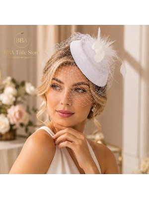 BBA Tulle Store KLP01 Beyaz Tüylü Vualet Nikah Şapkası Özel Kalıp Gelin Saç Aksesuarı Fascinator Söz Nişan Düğün Davet Şapkası