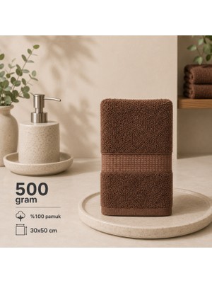 %100 Pamuk 30X50 Ara Bordür Kahverengi El Havlusu 500 Gram