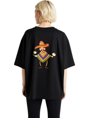 PayBuy Sombrero Takan Müzisyen Vektör Sanatı Baskılı Kadın Oversize Tişört