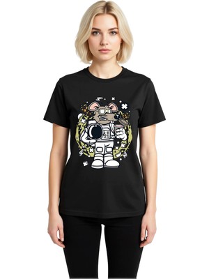 PayBuy Kadın Astronot Fare Uzay Baskılı Tişört %100 Pamuk Dijital Baskı Rahat Kesim Günlük Konforlu Modern