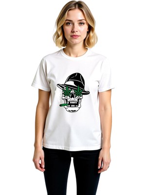 PayBuy Fedora Kafası Cannabis Motifi Baskılı Kadın Tişört
