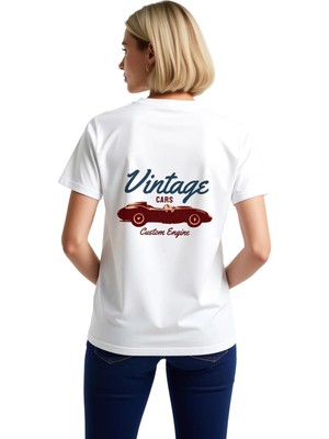 PayBuy Vintage Arabalar Özel Motor Baskılı Kadın Tişört