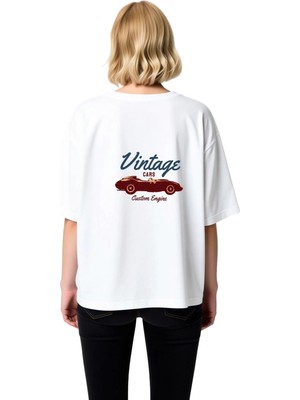 PayBuy Vintage Arabalar Özel Motor Baskılı Kadın Oversize Tişört