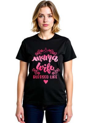 PayBuy Kadın Mama Wife Blessed Life Baskılı Tişört Yuvarlak Yaka Kısa Kol Rahat Kesim Günlük Giyim Modern