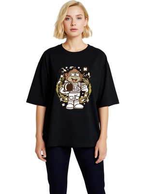 PayBuy Kadın Oversize Uzay Astronot Maymun Kahve Baskılı Kısa Kollu Tişört Rahat Kesim Günlük Modern Şık