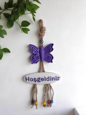 Grimsi Mor Kelebek Dekoratif Hoşgeldiniz Kapı Duvar Süsü