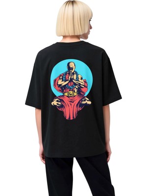 PayBuy Kadın Oversize Meditasyon Figürü Baskılı Tişört %100 Pamuk Rahat Kesim Manevi Tasarım Günlük Modern