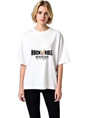 PayBuy Kadın Oversize Rock Müzik Baskılı Tişört %100 Pamuk Rahat Kesim Sokak Stili Günlük Modern Şık Zarif