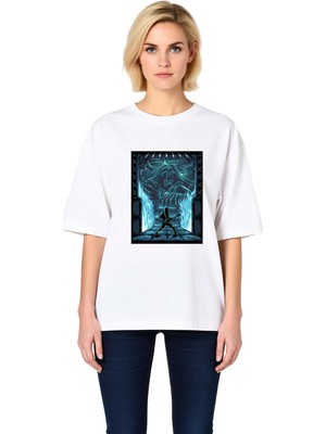 PayBuy Kadın Oversize Baskılı Tişört Boynuzlu Iskelet Gitar Müzisyen Illüstrasyonlu Metal Estetik Günlük