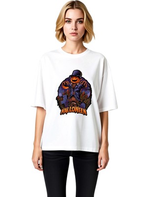 PayBuy Kadın Oversize Tişört Cadılar Bayramı Korkuluk Figürü Baskılı Rahat Kesim %100 Pamuk Günlük Modern