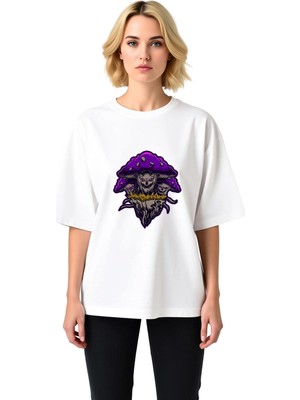 PayBuy Kadın Oversize Tişört Üç Başlı Mantar Kafatası Baskı Fantezi Horror Tasarım Rahat Günlük Modern