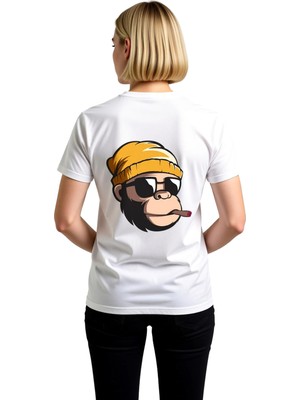PayBuy Kadın Grafik Baskılı Tişört %100 Pamuk Crew Neck Kısa Kol Maymun Karakterli Modern Casual Günlük