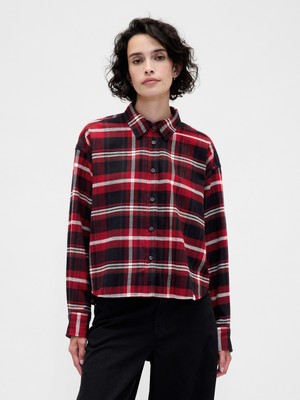 Gap Kadın Bordo Flannel Straight-Hem Crop Gömlek