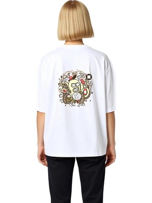PayBuy Kadın Oversize Tişört %100 Pamuk Dondurma Patlamış Mısır Ahtapot Baskı Günlük Rahat Kesim Modern