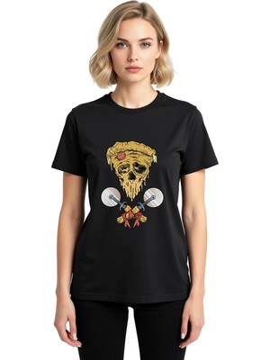 PayBuy Kadın Grafik Baskılı Pamuk Tişört Pizza Motifli Iskelet Desenli Kısa Kol Yuvarlak Yaka Rahat Kesim