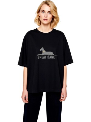 PayBuy Kadın Oversize Tişört Büyük Dane Köpek Baskılı Rahat Kesim Kısa Kol Yuvarlak Yaka Günlük Giyim Şık