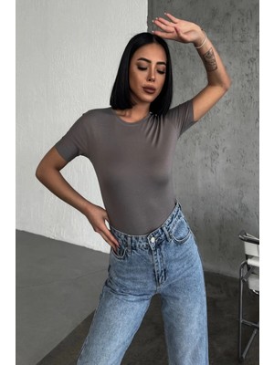 Hace Bazaar Rahat ve Şık Kısa Kollu Bisiklet Yaka Likralı Viskon Penye Body Füme