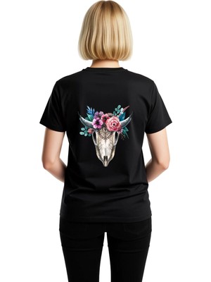 PayBuy Kadın Boho Tarzı Floral Çiçekli Hayvan Kafası Baskılı Suluboya Rahat Kesim Tişört Günlük Modern