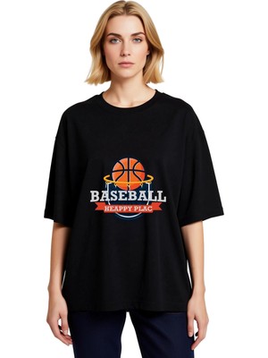 PayBuy Kadın Oversize Basketbol Baskılı Kısa Kollu Tişört Mutlu Yeri Yazılı Günlük Rahat Kesim Modern Şık