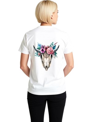 PayBuy Kadın Boho Tarzı Floral Çiçekli Hayvan Kafası Baskılı Suluboya Rahat Kesim Tişört Günlük Modern