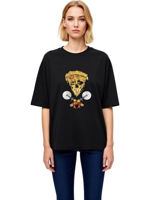 PayBuy Kadın Oversize Tişört Eritilmiş Pizza Iskelet Figürü Çapraz Kesici Baskılı Rahat Kesim Günlük Modern