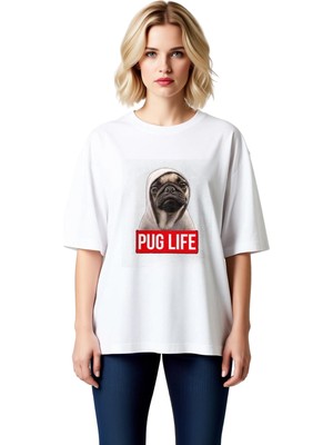 PayBuy Kadın Oversize Tişört Pug Baskılı Rahat Kesim Günlük Giyim Komik Köpek Tasarımı Modern Şık Konforlu
