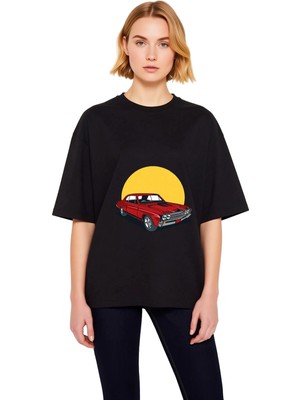 PayBuy Kadın Oversize Tişört Vintage Otomobil Baskısı Retro Klasik Araba Grafik Desenli Rahat Kesim Günlük
