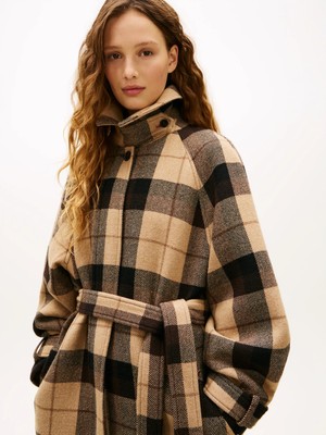 Tommy Hilfiger Kadın Kahverengi Tommy Hilfiger Wool Check Belted Rl, 0m7 Kahverengi Kadın Kaban