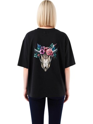 PayBuy Kadın Oversize Tişört Boho Tarzı Çiçekli Hayvan Kafası Suluboya Baskı Rahat Kesim Günlük Modern
