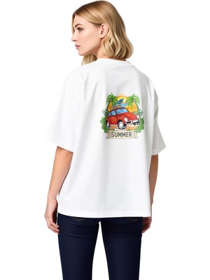 PayBuy Kadın Oversize Retro Sörf Arabası Baskılı Pamuklu Tişört Yaz Teması Rahat Kesim Günlük Modern Şık