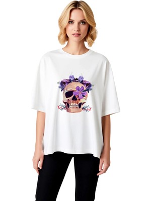 PayBuy Kadın Oversize Tişört Iskelet Çiçek Taç Baskılı Suluboya Sanatsal Romantik Tasarım Günlük Rahat
