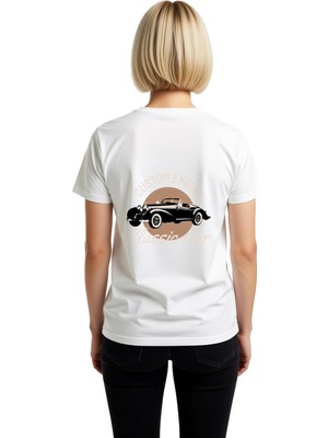 PayBuy Kadın Retro Klasik Otomobil Baskılı Kısa Kollu Tişört %100 Pamuk Rahat Kesim Günlük Modern Şık Zarif