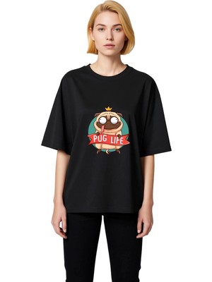 PayBuy Pug Hayatı Komik Köpek Tasarımı Baskılı Kadın Oversize Tişört