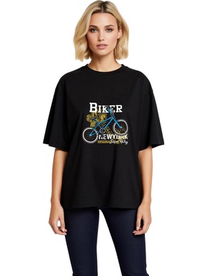 PayBuy Kadın Oversize Bisiklet Baskılı Tişört Sokak Kültürü Grafik Desenli Rahat Kesim Günlük Modern Şık